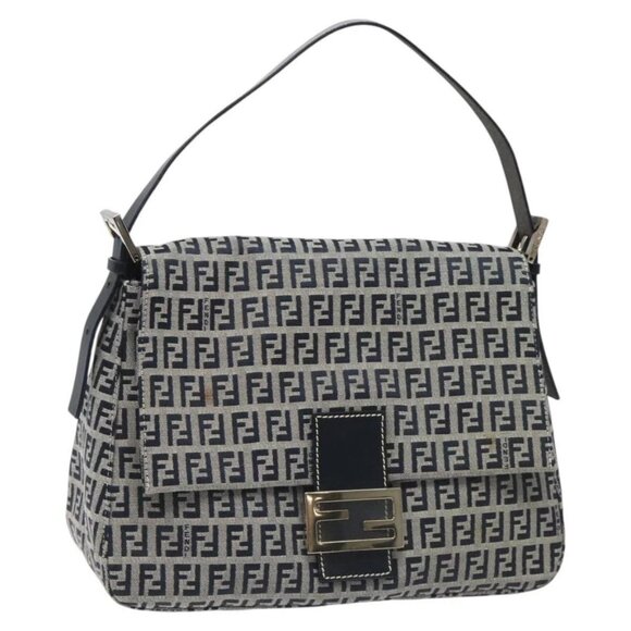 FENDI Zucchino Canvas Mamma Baguette Shoulder Bag Navy Auth 113562V - Picture 1 of 16
